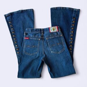 Mudd Dark Wash Mid Rise Flare Denim Jeans with Button Accents on the Sides